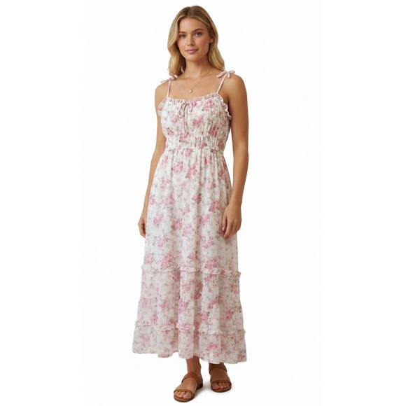 Lily Morgan Dresses & Skirts - Lily Morgan Pink Floral Smocked Tiered Maxi Dress Large‎ Cottagecore White Rose